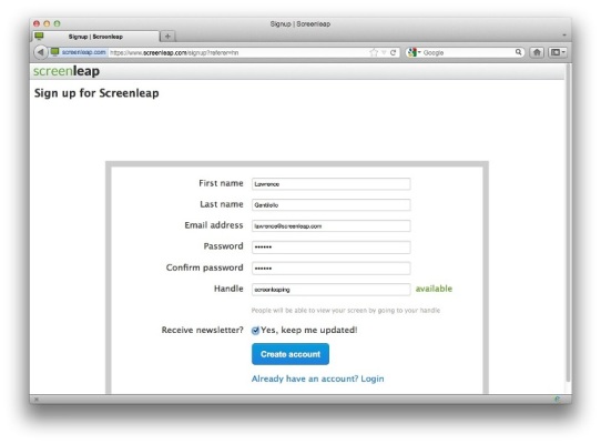 New Screen Sharing Account with Handle