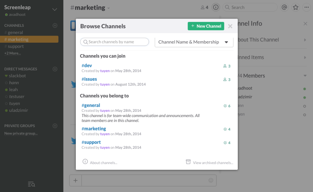 Screenleap Slack Channels